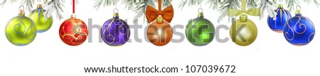 Christmas banner with green tree and baubles isolated