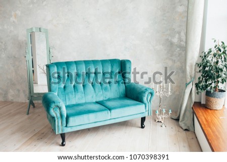 turquoise velvet sofa stands in a bright classic room opposite the window with plant