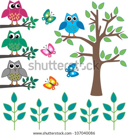 owls tree butterflies design element