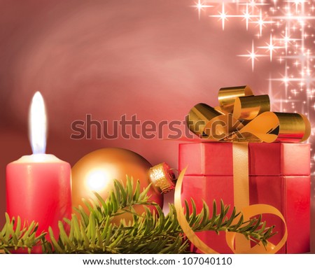 Christmas candle gift and bauble background