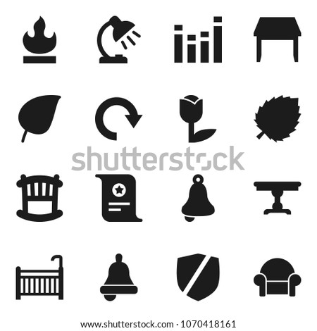 Flat vector icon set - bell vector, table lamp, certificate, leaf, tulip, protected, flammable, equalizer, redo, crib, cushioned furniture