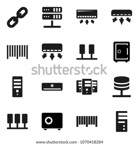 Flat vector icon set - safe vector, server, network, chain, air conditioner, barcode, computer