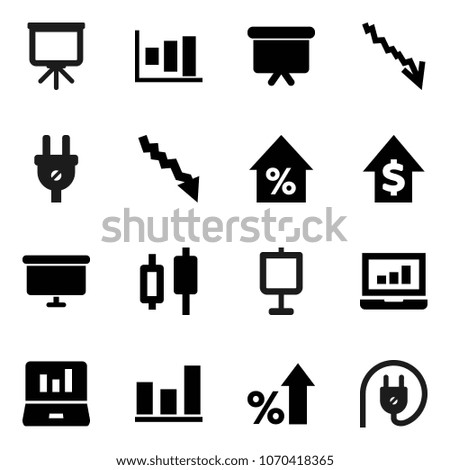 Flat vector icon set - presentation vector, graph, japanese candle, laptop, crisis, percent growth, dollar, board, power plug