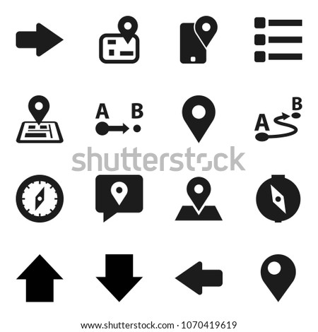 Flat vector icon set - compass vector, arrow down, up, navigator, map pin, traking, route, menu