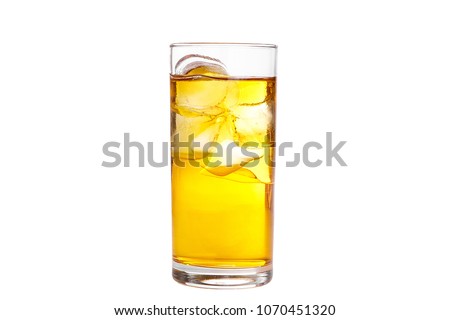 A single-colored transparent cocktail, refreshing in a tall glass with ice cubes with the taste of pear, melon, apple, apricot, peach. Side view Isolated white background. Drink for the menu Royalty-Free Stock Photo #1070451320