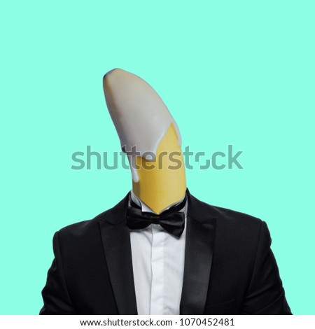 Contemporary Art Collage, Concept of a mans body with banana  head