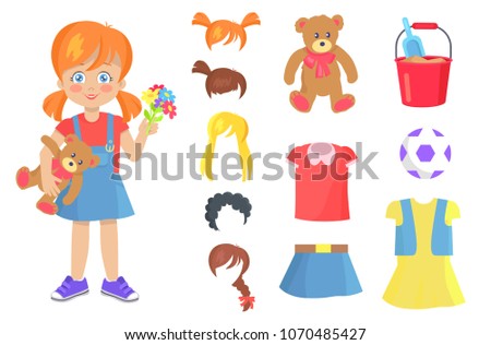 Little girl in denim dress holds soft teddy bear and colorful flowers. Additional hairstyles, childish toys and stylish clothes vector illustrations.
