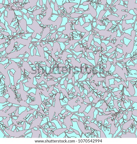 Summer seamless pattern with stylized contour silhouettes of branches and leaves. Can be used for wallpapers, pattern fillings, wrapping paper, surface textures, fabrics. Vector illustration.