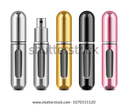 Perfume atomizers template set. Vector realistic compact silver, gold, black and pink spray case for fragrance. ?losed and open packaging isolated on white background.