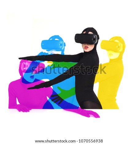Woman is posing in VR headset, four poses as CMYK. An excited woman experiencing the virtual reality helmet. Hi-Tech gadgets for geeks and technical enthusiasts. Virtual reality helmet. 