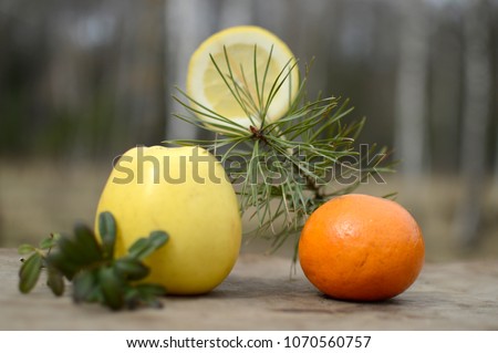 Apple lemon and tangerine on the table