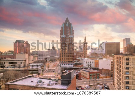 Downtown skyline with Buildings in Milwaukee at twilight, in Wisconsin USA