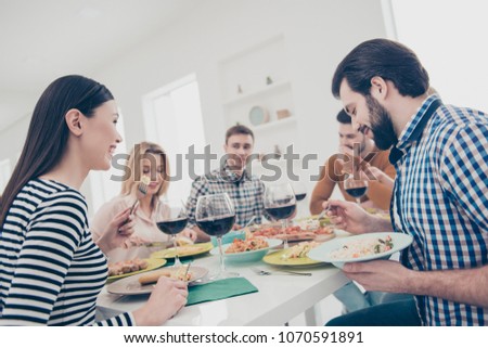 Friendly, cheerful, best, stylish, attractive friends dining eating drinking speaking spending time together enjoying visit indoor, in house, flat, apartment