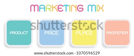 Business Concepts, Illustration of Marketing Mix or 4Ps Model for Management Strategy Diagram in Colorful Green, Blue, Pink, Yellow an Orange Colors. A Foundation Concept in Marketing.