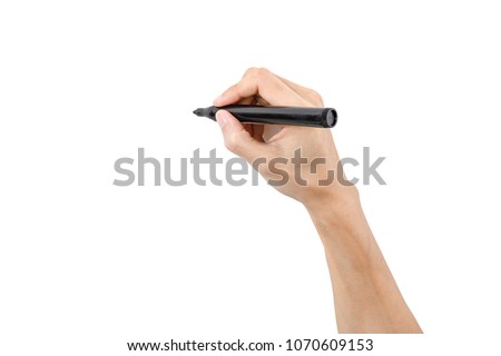 Hand holding red marker for writing isolated on white background Royalty-Free Stock Photo #1070609153