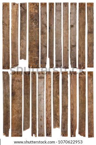 Wooden planks isolated on white background. Set of 22 unique long rustic weathered wood plank with rusty nails, sharp and highly detailed for design and 3d modeling.