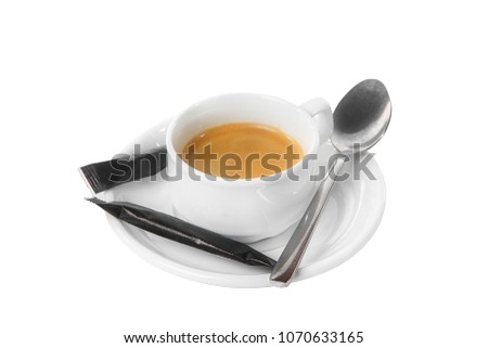 A cup of coffee, American, cappuccino, half two black packets, a dose of sugar, a teaspoon. For the technological map. Side view from above Isolated white background Drink for the menu restaurant, bar