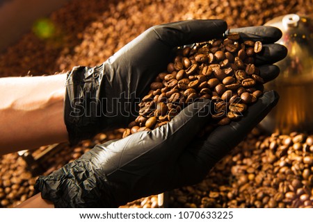 Roasting Plant. Fresh Roasted Coffee. Stainless drum. Industrial electric cooling tray.  Royalty-Free Stock Photo #1070633225