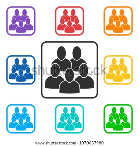 Set of square group icons with 5 peoples. Rainbow colors: red, orange, yellow, green, turquoise, blue, dark blue, violet. Style is flat graphic gray and colorful symbols. Vector illustration, EPS10
