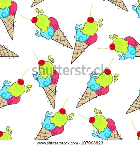 Vector seamless background illustration of cute, hand drawn style ice creams