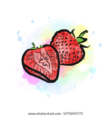 Colored drawing of strawberries. Fresh design of colorful fruits made in watercolor style. Modern marketing illustration on white background.