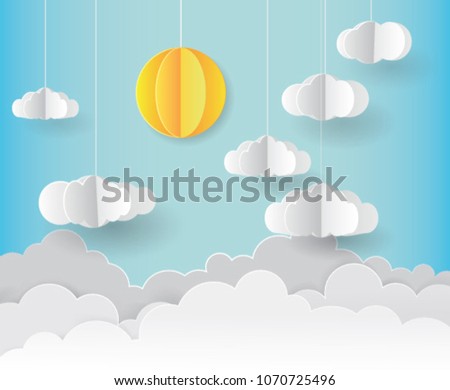 Paper art, origami mobile concept, vector art and illustration. Sunny day background with 3D paper clouds. Science concept inspiration. Cartoon realistic trendy craft style.