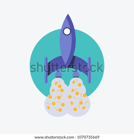 Vector illustration. EPS 10. Rocket, spaceship and bitcoin icon color. Rocket ship bitcoin is flying. Rocket bitcoin logo with bitcoin expulsion