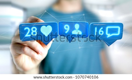 View of a Businessman holding a Like, Follower and message notification on social network - 3d render Royalty-Free Stock Photo #1070740106