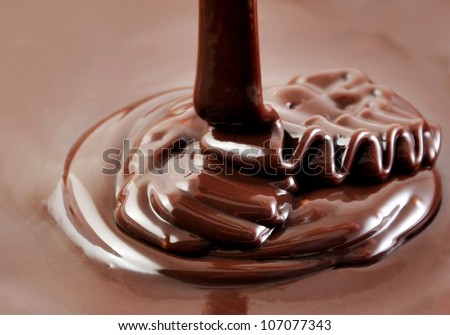 Ribbons of pouring hot chocolate, sweet cooking background Royalty-Free Stock Photo #107077343