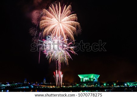 Abstract colored firework holiday celebrate at Yokohama harbor in summer