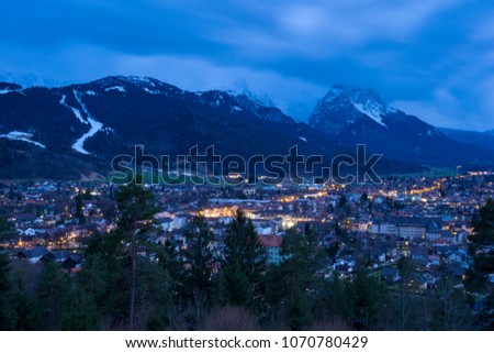 View to Garmisch-Partenkirchen in spring in the evening