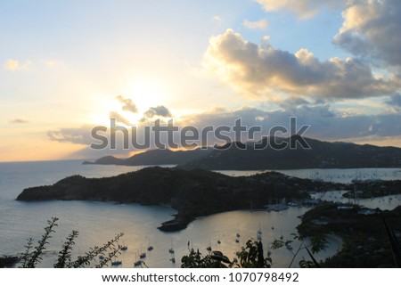 English Harbor and Falmouth bay view  in Antigua from Shirley Heights sunset stock, photo, photograph, picture, image