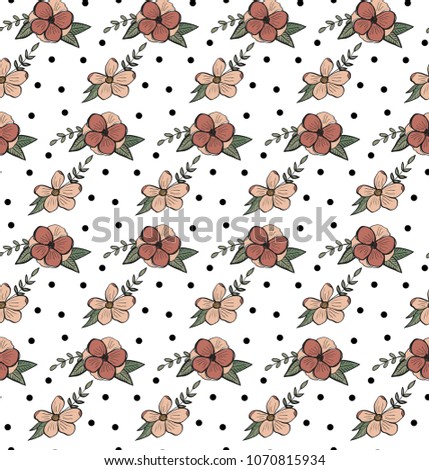 Seamless pattern with flowers and dots. Floral vector illustartion.