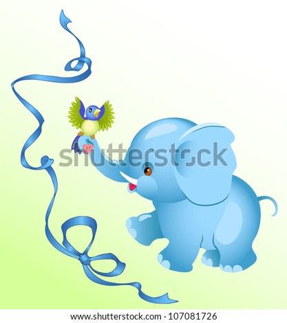 The image a cheerful  elephant.A little bird sitting on an elephant