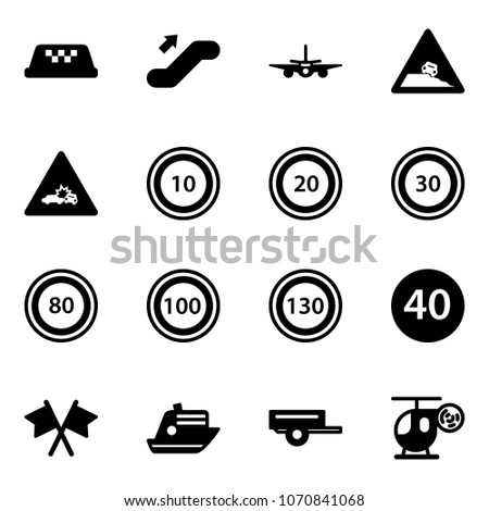 Solid vector icon set - taxi vector, escalator up, plane, steep roadside road sign, car crash, speed limit 10, 20, 30, 80, 100, 130, minimal, flags cross, cruiser, trailer, helicopter toy