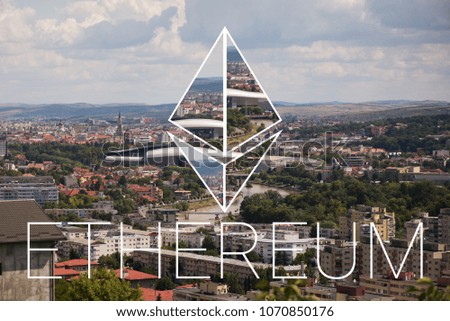 Illustration of ethereum as a global digital cryptocurrency. Abstract illustration of ethereum logo above city.