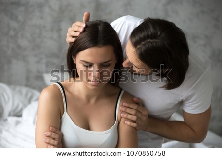 Loving man apologizing resentful sulky woman feeling offended after conflict, boyfriend asking upset capricious girlfriend for forgiveness excusing to make peace, rejecting accepting apology concept Royalty-Free Stock Photo #1070850758