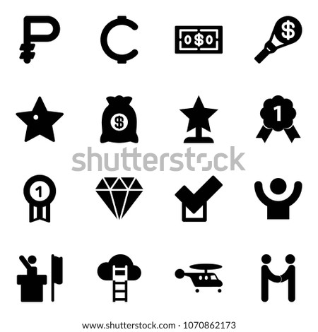 Solid vector icon set - ruble vector, cent, dollar, money torch, star, bag, award, gold medal, diamond, check, success, speaker, cloud ladder, helicopter, agreement