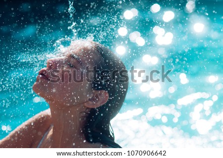 Maldives or Miami beach water. Beauty of woman is moisturized in bath. cute woman on Caribbean sea in Bahamas. Summer vacation and travel to ocean. Relax in spa swimming pool, refreshment and skincare Royalty-Free Stock Photo #1070906642