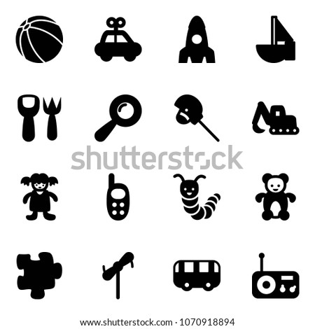 Solid vector icon set - ball vector, car toy, rocket, sailboat, shovel fork, beanbag, horse stick, excavator, doll, phone, caterpillar, bear, puzzle, windmill, bus, radio