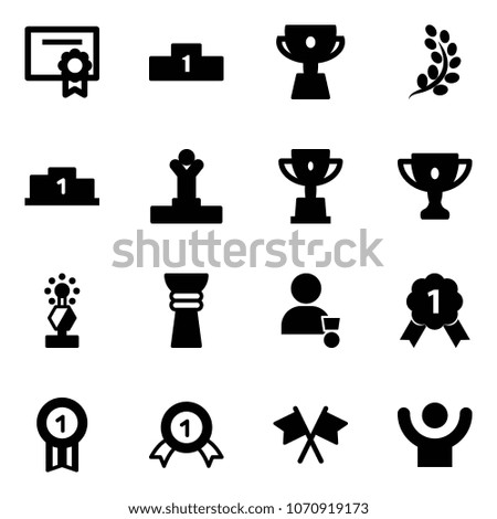 Solid vector icon set - certificate vector, pedestal, cup, golden branch, winner, win, gold, award, medal, flags cross, success