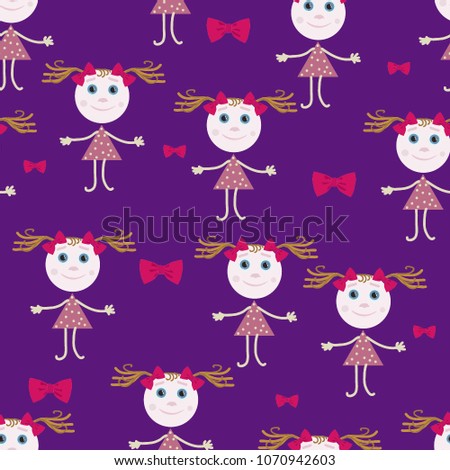 Seamless pattern of girls painted in children's style and red bows on a purple background