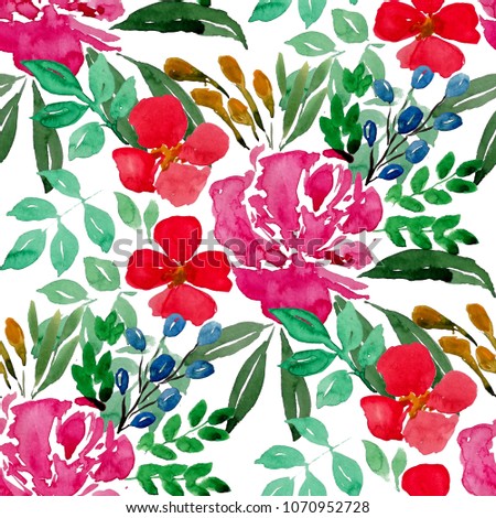 Watercolor seamless pattern with simple hand drawn flowers. Floral print.
