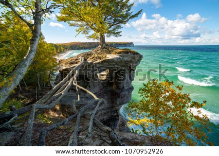 Tree roots stretch across a chasm from the mainland to Chapel Rock to offer sustenance to a live tree, high above Lake Superior. Autumn colors dot the forest in the background