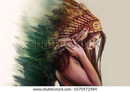 double exposure, beautiful woman with indian plume of plume and a forest on the head concept nature