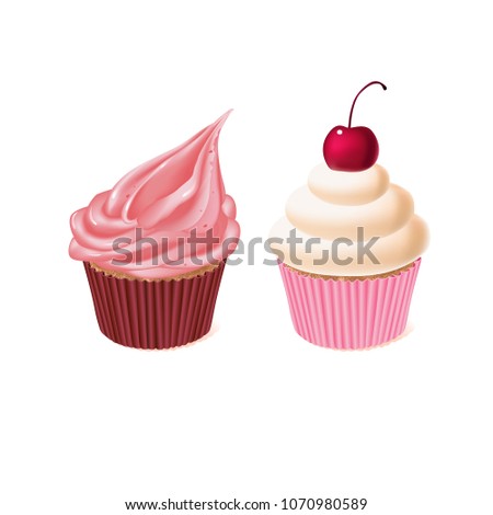Vector two cupcakes, tasty cakes, sweet pastry. Delicious homemade confectionery with cream, cherry, glaze sugar. Baking product for celebration, birthday isolated on white background