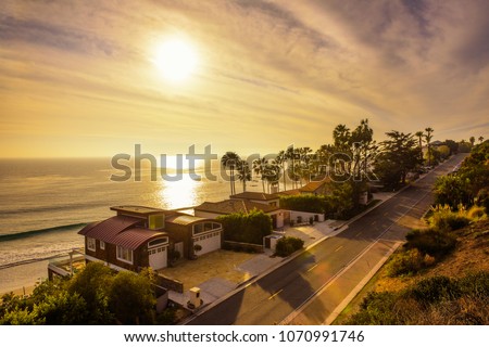 Luxury oceanfront homes of Malibu beach near Los Angeles, California Royalty-Free Stock Photo #1070991746