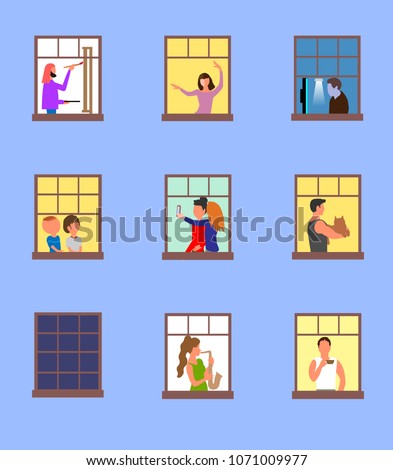 Windows with active neighbors. Painting a picture, dancing, programming, staring at stars, making selfies, playing saxophone.Vector