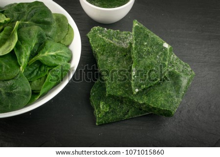 Fresh Baby Spinach Leaves. Frozen Spinacia Oleracea in White Bowl. Leafy Green Vegetable Top View