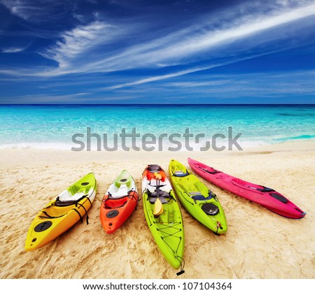 Colorful kayaks on the tropical beach, Thailand Royalty-Free Stock Photo #107104364
